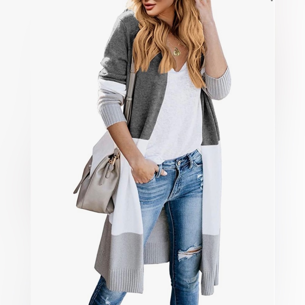 Women’s Boho Open Front Cardigan Colorblock Long Sleeve Loose Knit Sweater Large